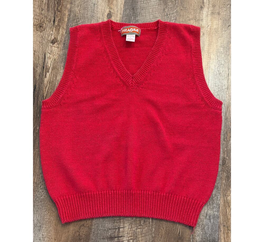 Fragile Red V-Neck Sweater Vest Large Vintage cotton blend